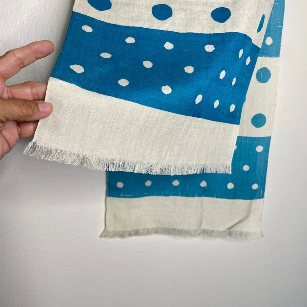 Silk Scarf Vintage Womens OS Blue Polka Dot Stripe Made in France Mod Retro Chic